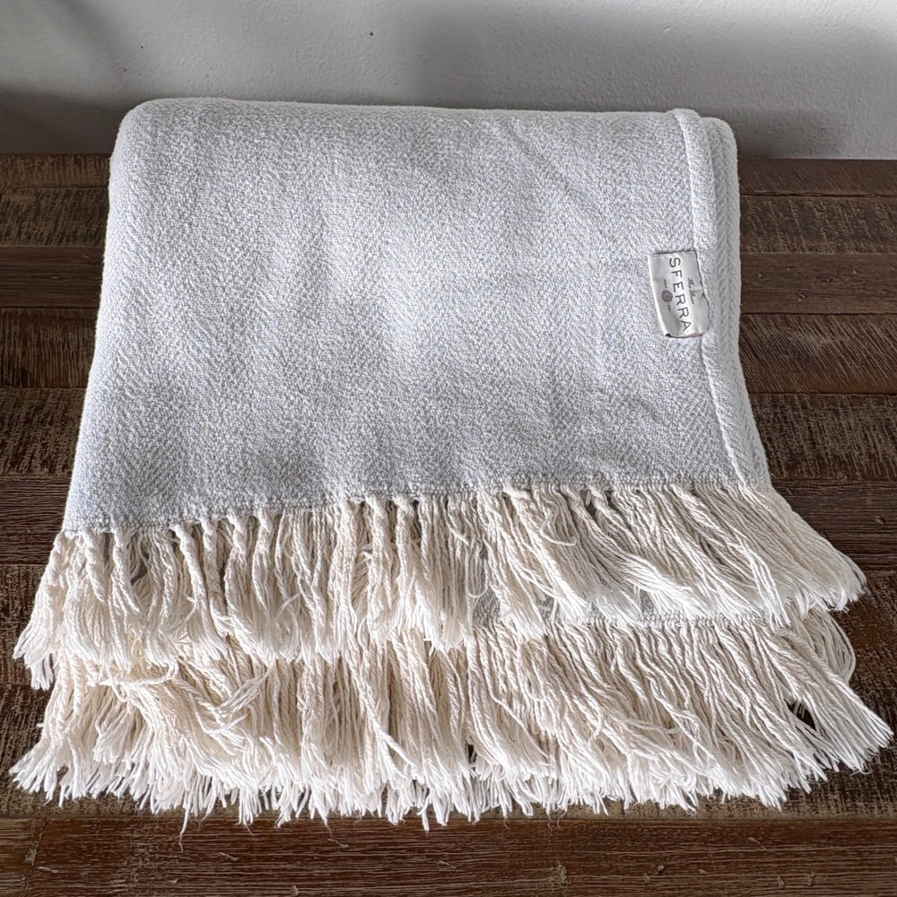 Sferra Herringbone Cotton Throw Blanket Coastal Beachy 50X60 Fringe Portugal